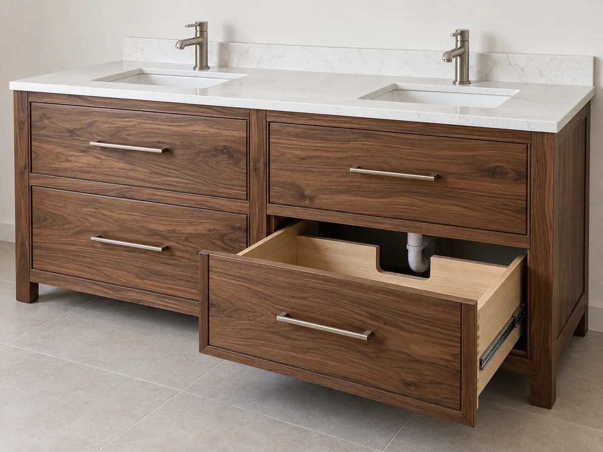 Çift lavabolu banyo dolabı; ürün yapısı ve kullanım detaylarını gösteren temsili tasarım