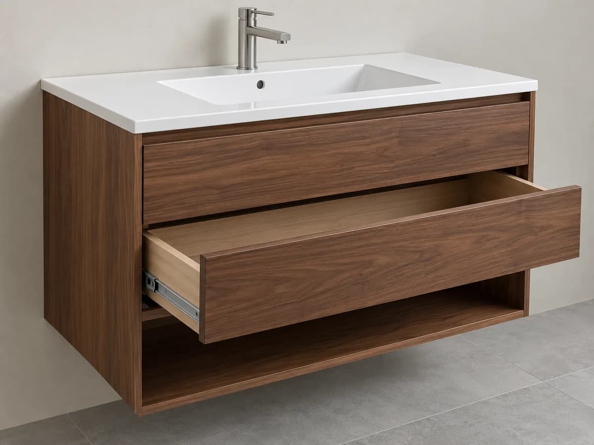 Açık raflı banyo dolabı; ürün yapısı ve kullanım detaylarını gösteren temsili tasarım