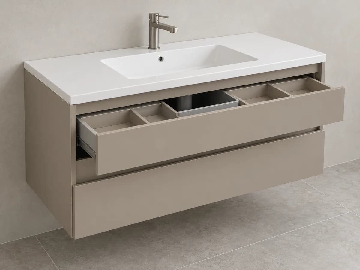 Kulpsuz banyo dolabı; ürün yapısı ve kullanım detaylarını gösteren temsili tasarım