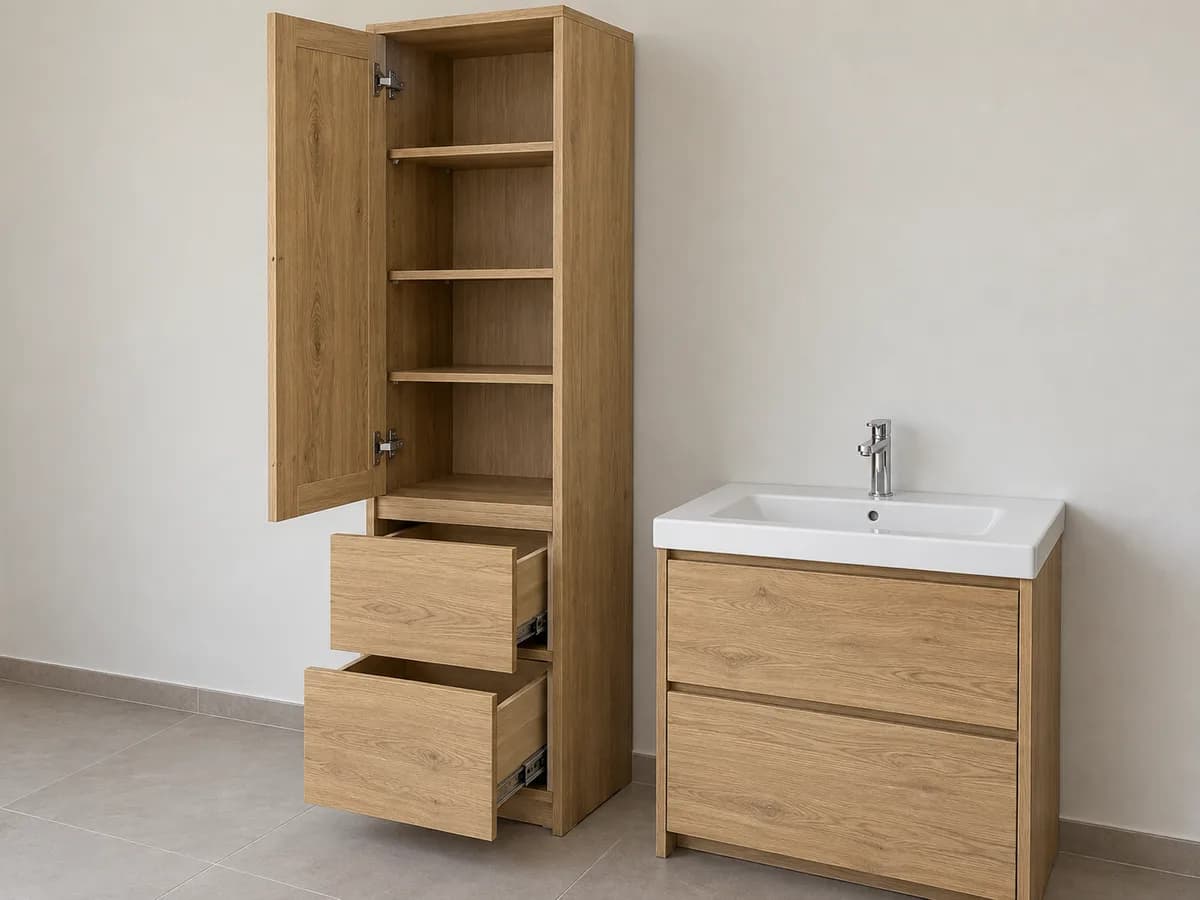 Dar banyo boy dolabı; ürün yapısı ve kullanım detaylarını gösteren temsili tasarım