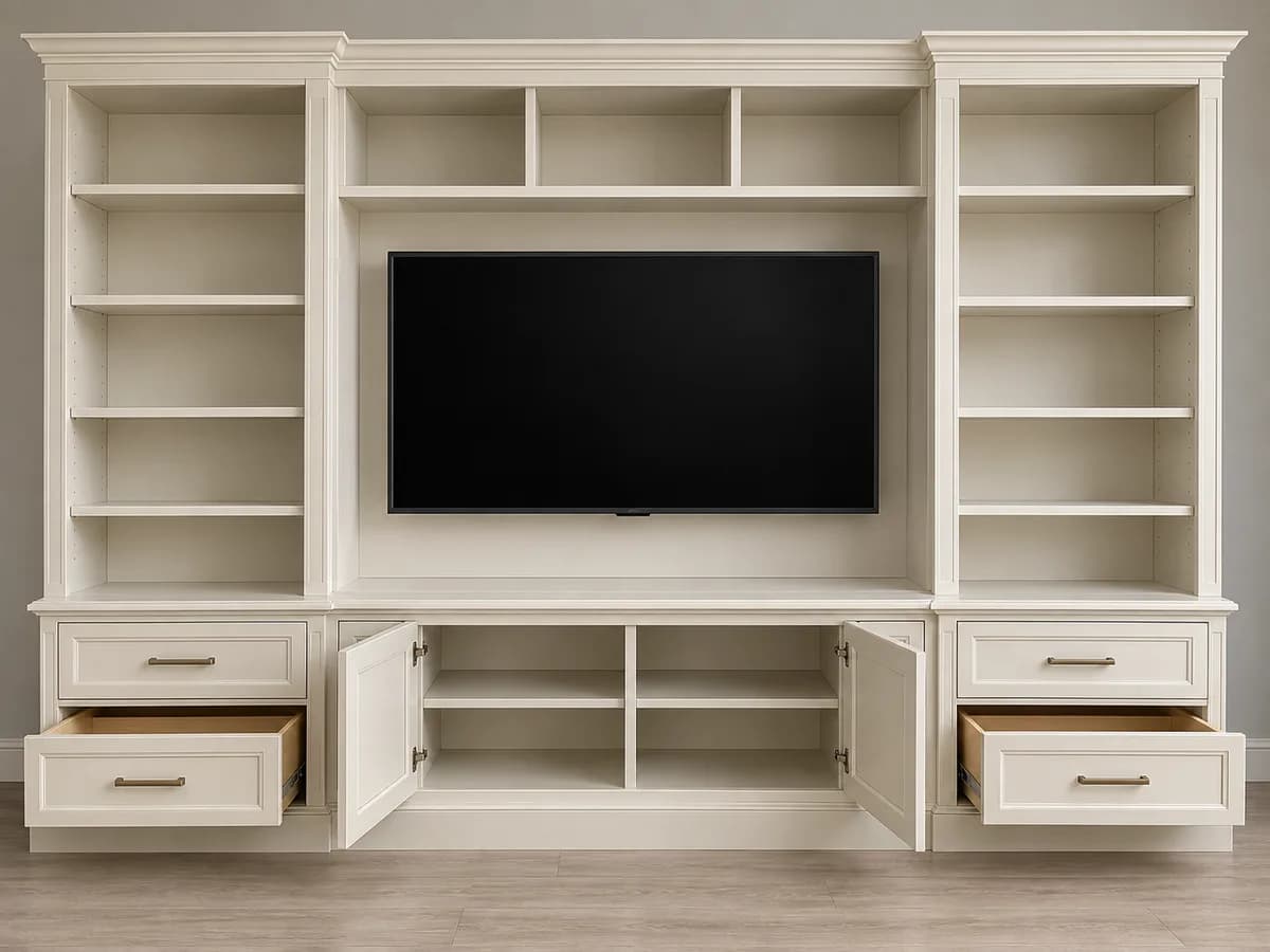 Kitaplıklı TV ünitesi; ürün yapısı ve kullanım detaylarını gösteren temsili tasarım